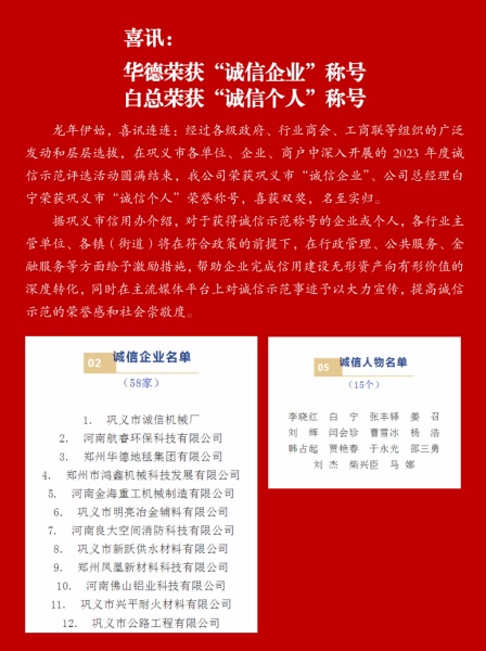 喜讯:华德荣获诚信企业称号!  白总荣获诚信个人称号!